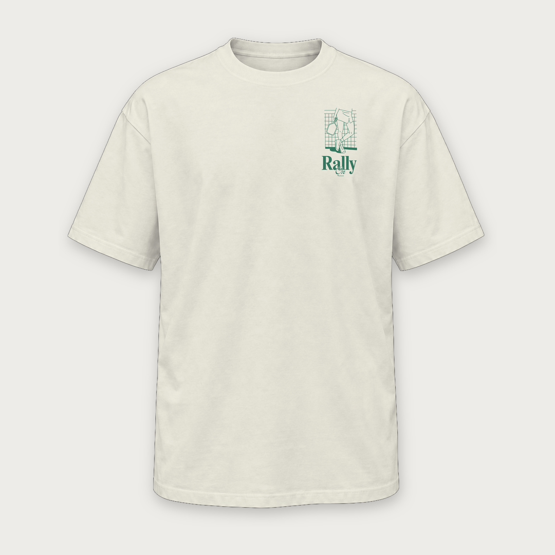Rally On pickleball tee by Courtelane in cream, front with green Rally crest print