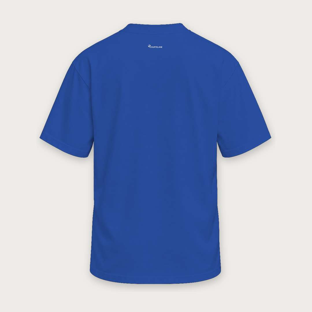 Court Dominance pickleball tee by Courtelane in royal blue, back view with small neck logo