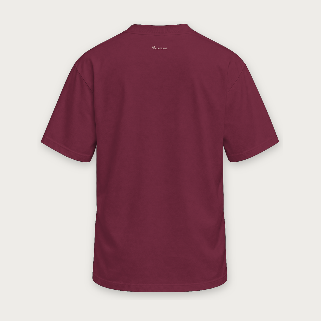 Architectural Courtelane pickleball tee in burgundy, back view with small neck logo