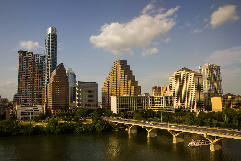 Austin skyline and the Congress Avenue Bridge over Lady Bird Lake