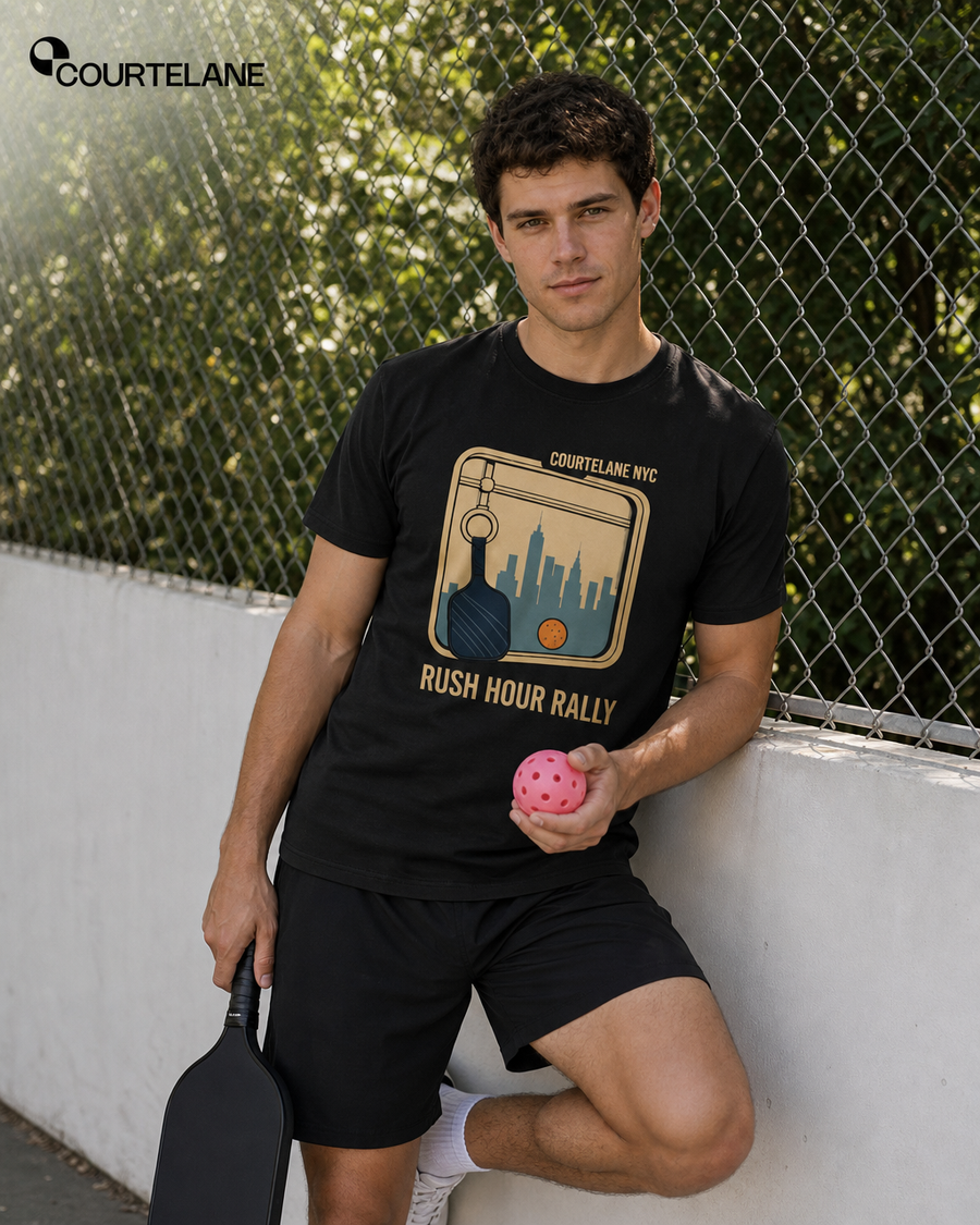 Man with a paddle against a wall in the black Courtelane Rush Hour Rally tee