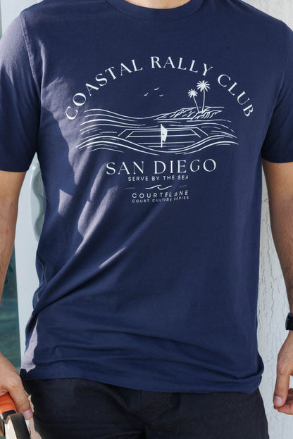 Close up of the Coastal Rally Club San Diego print on the navy Courtelane men's tee
