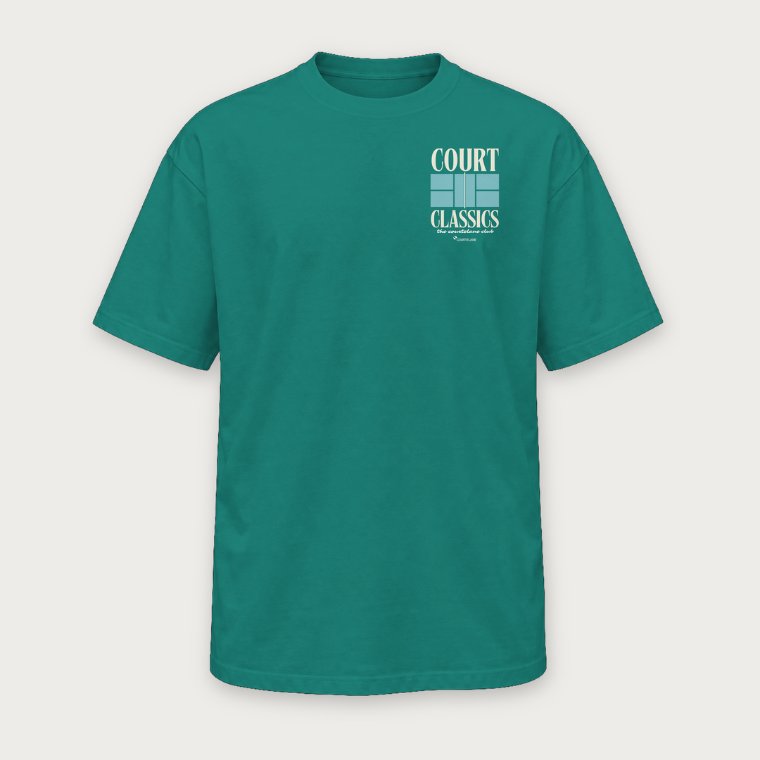 After the Serve pickleball tee by Courtelane in teal, front with Court Classics chest print
