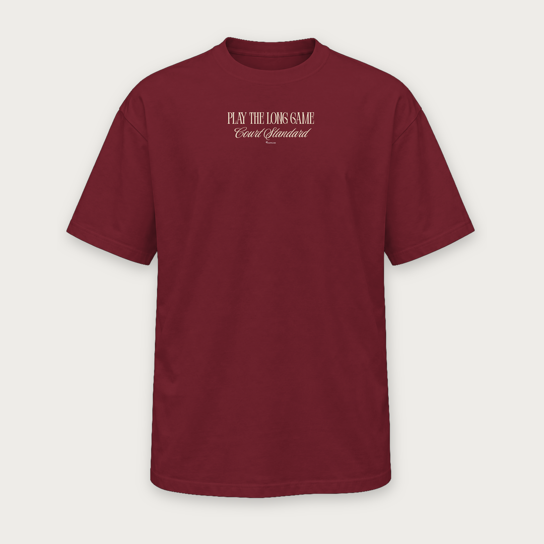 Play the Long Game pickleball tee by Courtelane in burgundy, front with serif chest print