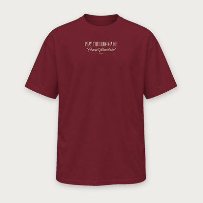 Play the Long Game pickleball tee by Courtelane in burgundy, front with serif chest print
