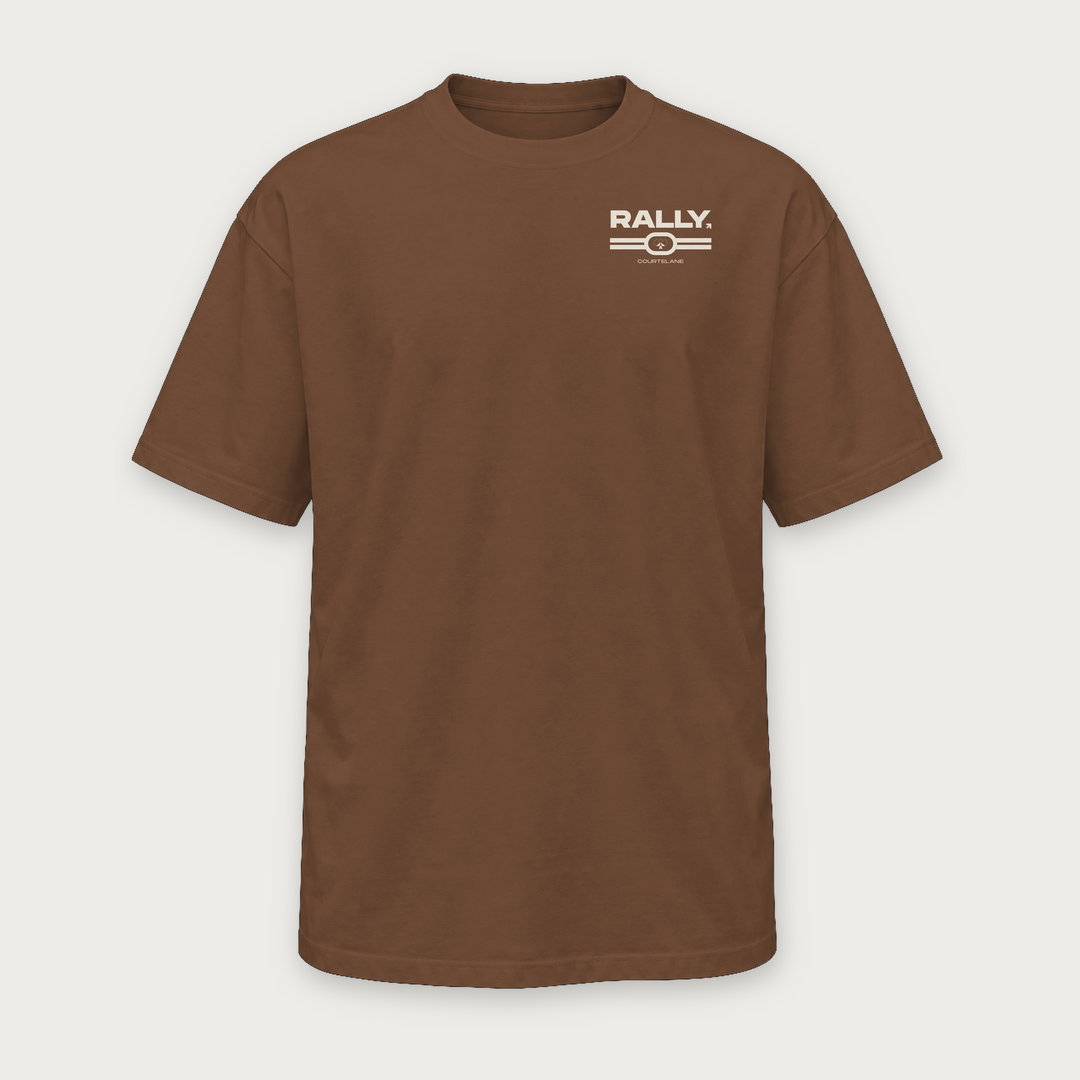 Play with Purpose pickleball tee by Courtelane in brown, front with Rally chest print