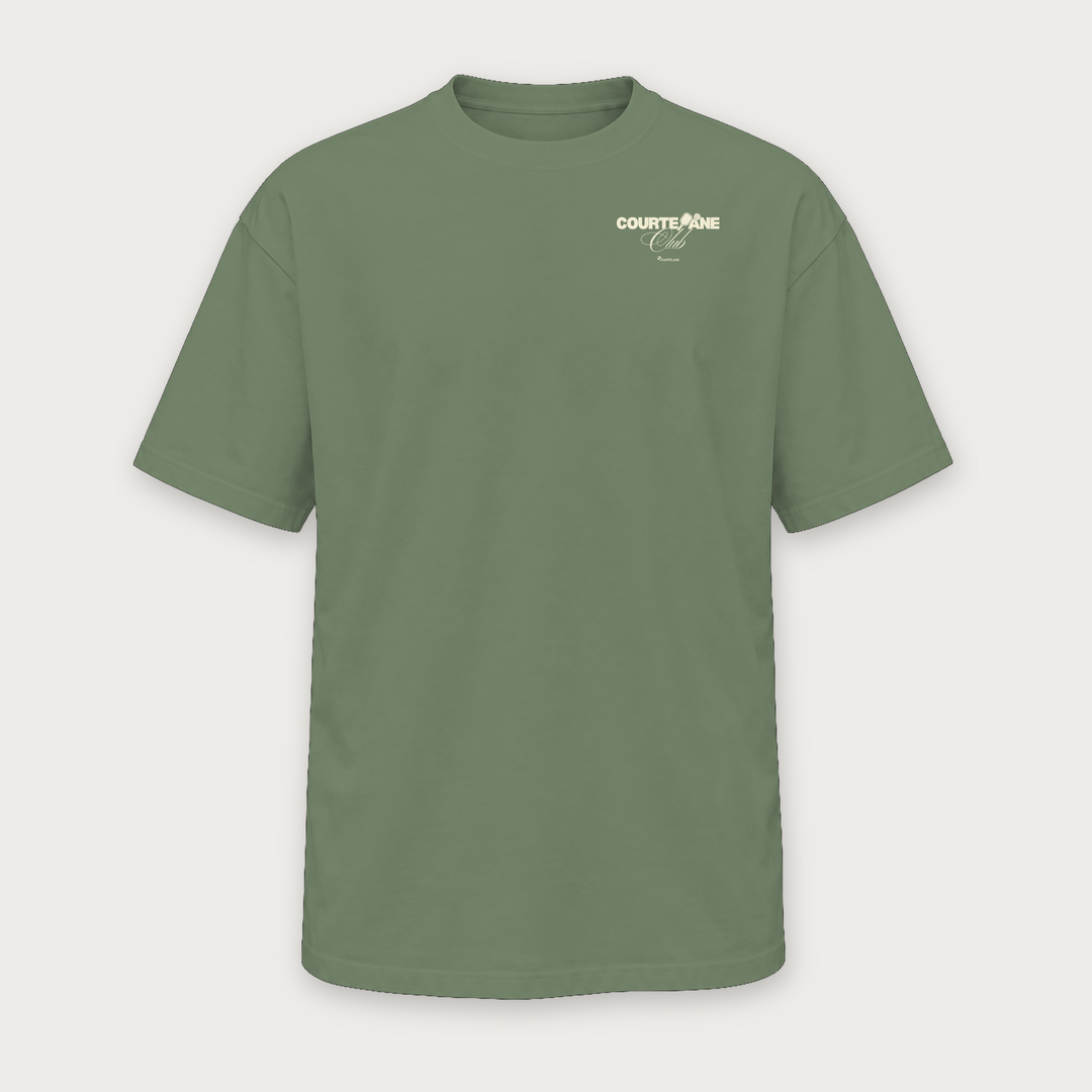 Built to Move pickleball tee by Courtelane in sage green, front with small Courtelane club chest print
