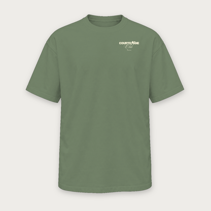 Built to Move pickleball tee by Courtelane in sage green, front with small Courtelane club chest print