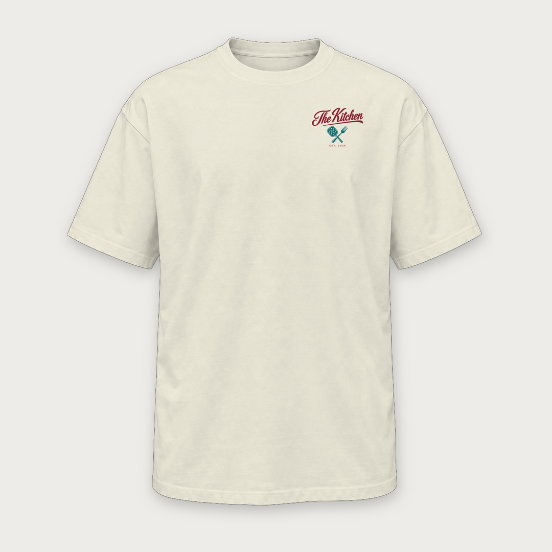 The Kitchen pickleball tee by Courtelane in cream, front with red script chest print