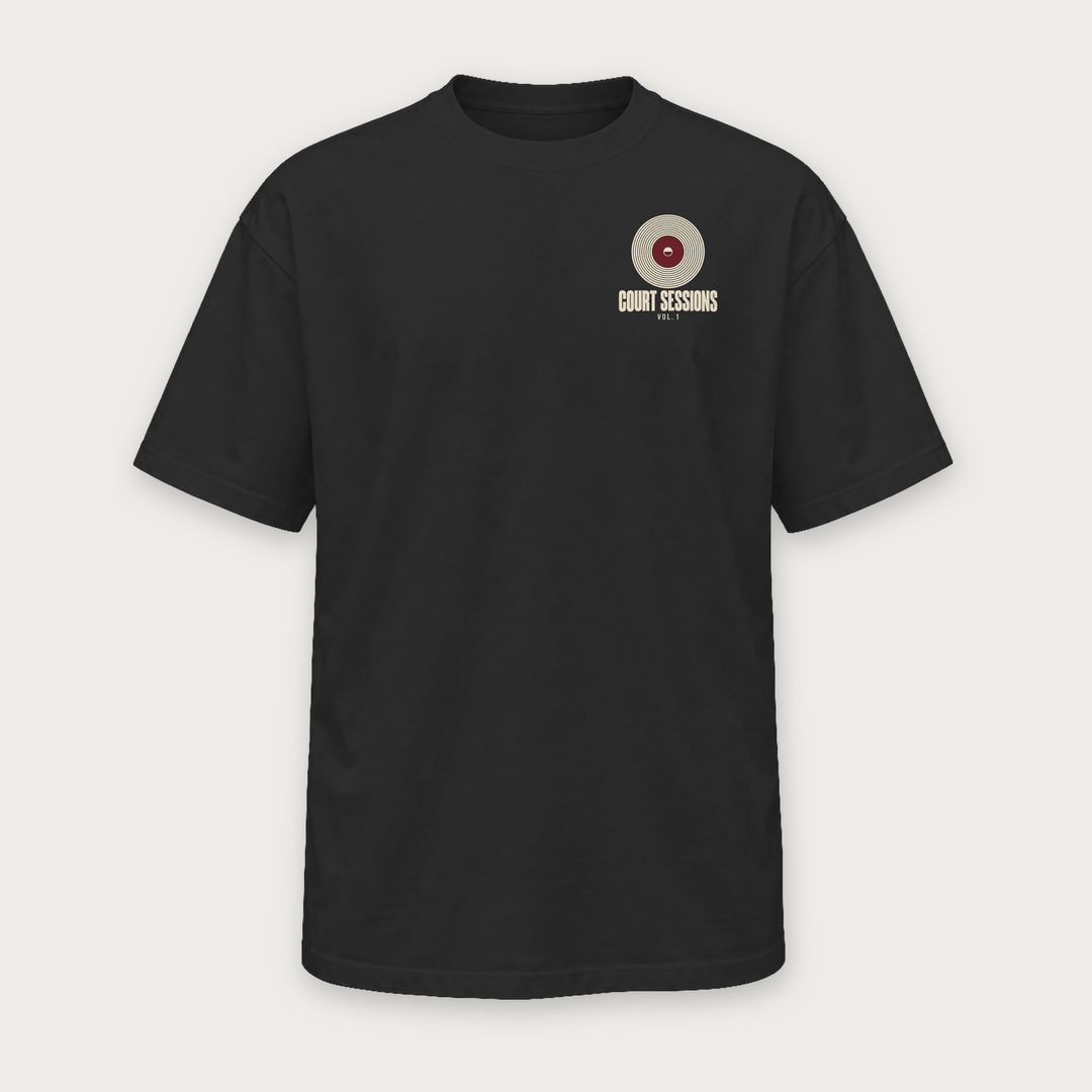 Court Sessions pickleball tee by Courtelane in black, front with record chest print