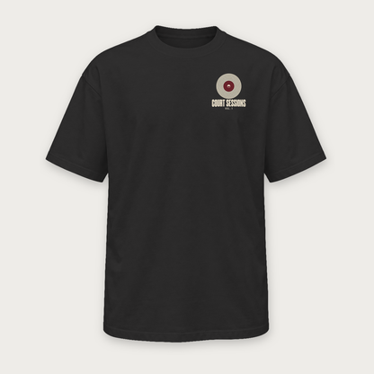Court Sessions pickleball tee by Courtelane in black, front with record chest print