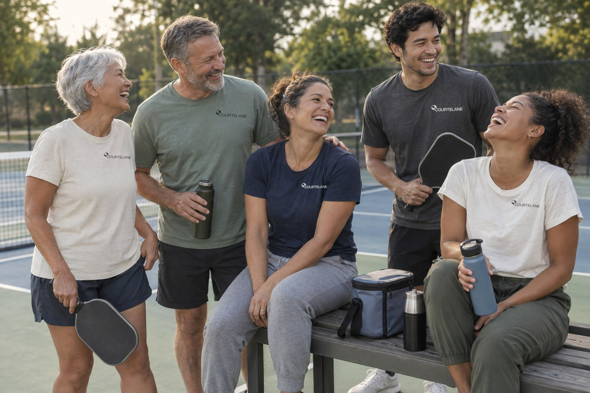 Five friends of different ages in Courtelane logo tees laughing together beside a pickleball court after a morning game