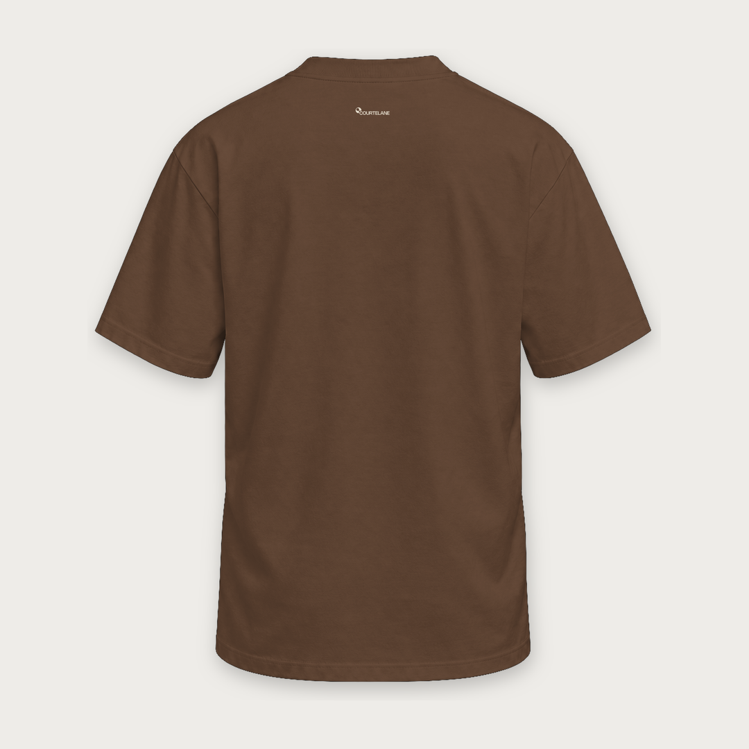 Embrace the Rally pickleball tee by Courtelane in brown, back view with small neck logo
