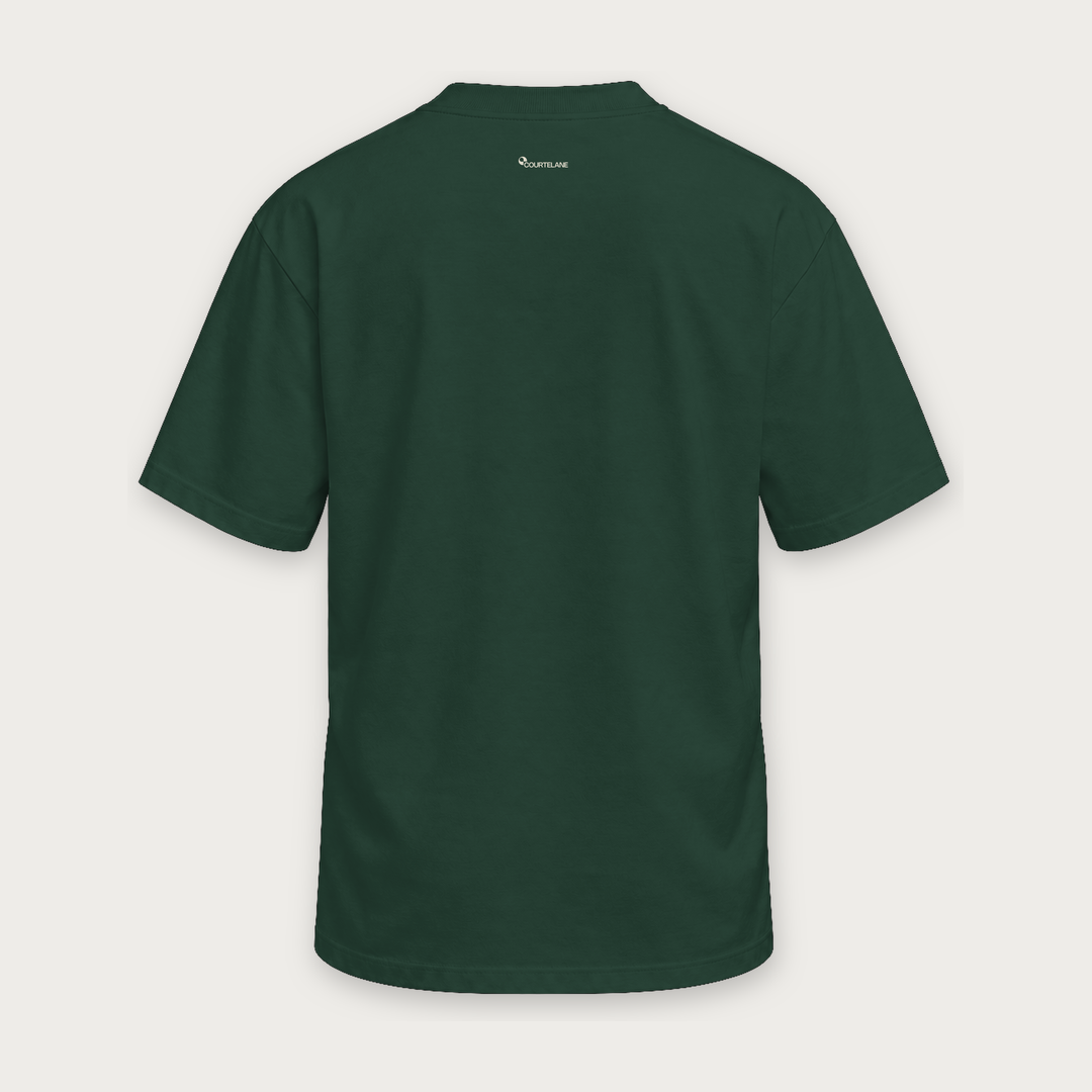 Court to Life pickleball tee by Courtelane in forest green, back view with small neck logo