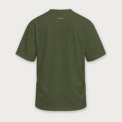 Play Move Live pickleball tee by Courtelane in olive green, back view with small neck logo