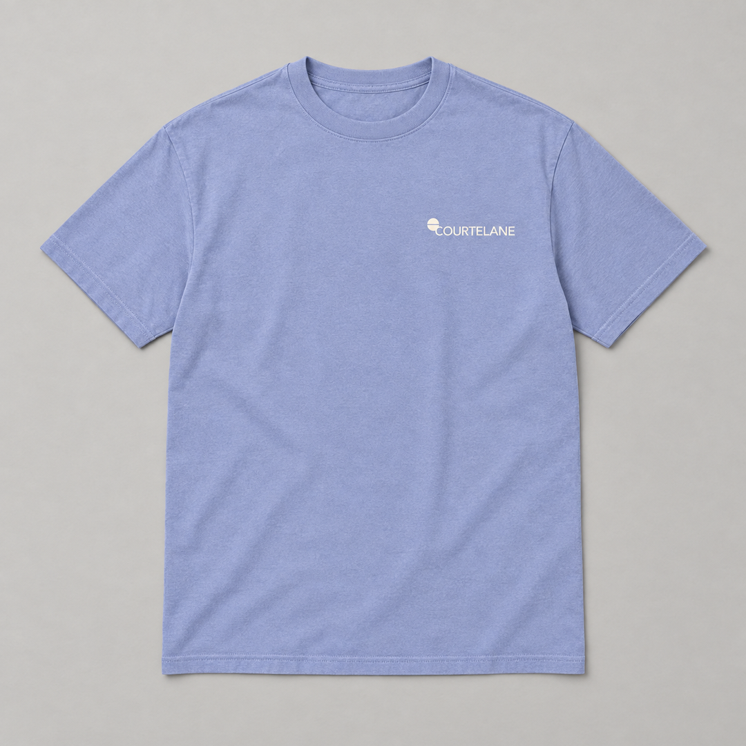 Short Memory Long Game pickleball tee by Courtelane in lavender blue, front with small Courtelane logo