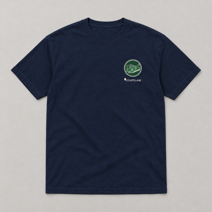 No Easy Rallies pickleball tee by Courtelane in navy, front with green court badge and logo